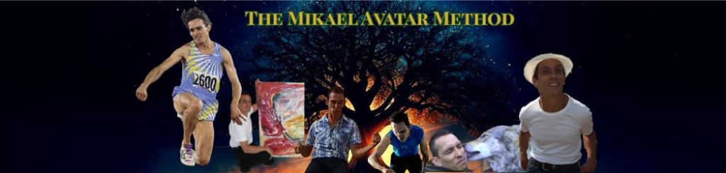 Hero header collage for Mikael Avatar's About page: World Record Holder in Paralympic long jump, Energy Artist painting, Atlantic Sailor crossing the ocean, kissed by a wolf, and glowing tree of life symbolizing authentic power and rebirth.